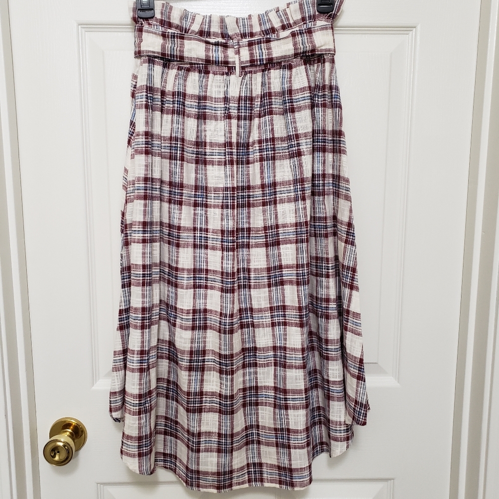 Moon River Belted Plaid Linen Blend Midi Skirt High Paper Bag Waist Women's XS - Picture 3 of 4